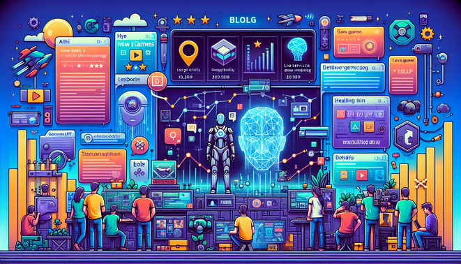 Ilustrasi industri game: rilis baru, eksperimen AI, dan dashboard game live-service dengan pemain yang tampak kewalahan.