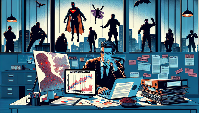 Kantor agensi superhero memantau peta insiden, pahlawan berpose di luar sementara kota rusak dan warga memprotes.