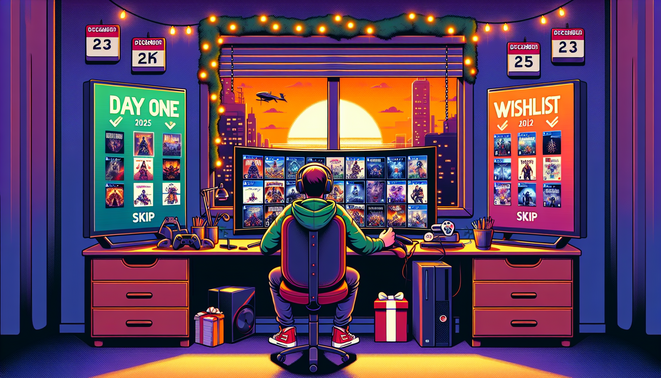 Ilustrasi gamer memilih game Desember 2025 di tiga kategori: beli, wishlist, dan skip di depan beberapa layar.