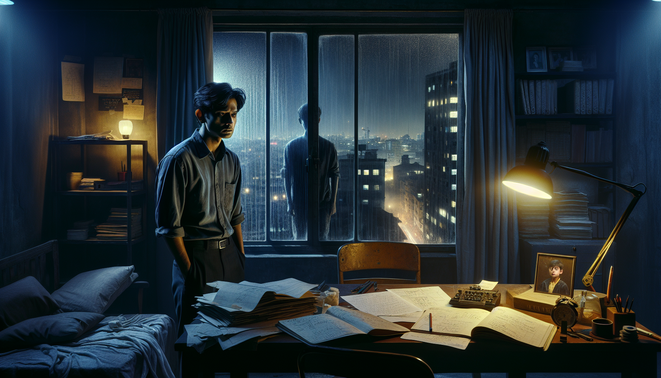 Pria gelisah menatap jendela berhujan di apartemen tua, dengan bayangan anak kecil samar di kaca.