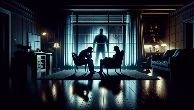 Ilustrasi keluarga tegang di ruang tamu gelap dengan jendela tertutup dan bayangan mengancam di kaca.