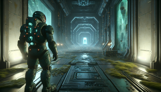 Pemburu luar angkasa sendirian di lorong planet asing remang, menonjolkan eksplorasi dan atmosfer misterius.