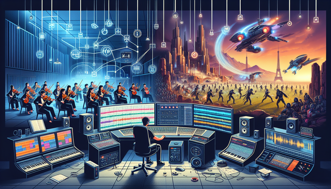 Ilustrasi komposer di studio orkestra yang terhubung ke dunia game AAA di layar, menonjolkan musik interaktif.