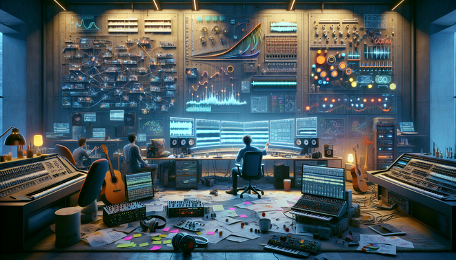 Komposer dan tim audio game AAA merancang musik interaktif di studio modern penuh layar dan instrumen.