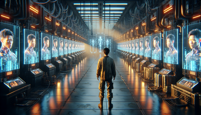 Seorang tokoh menatap beberapa versi klon dirinya di koridor fasilitas sci-fi suram dan sepi.