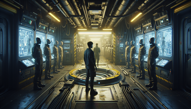 Beberapa versi diri berdiri tegang di fasilitas futuristik suram, mencerminkan konflik identitas dan dilema moral.