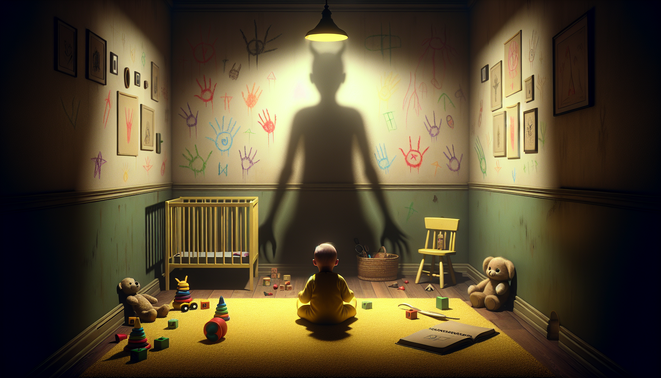 Ilustrasi kamar bayi suram dengan bayi kuning dan bayangan iblis di dinding, penuh simbol misterius.