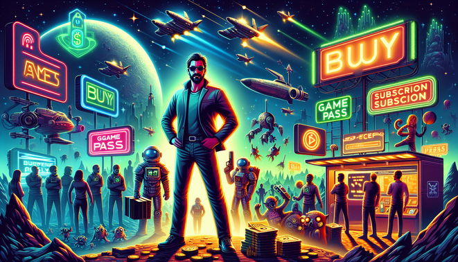 Ilustrasi petualang luar angkasa bingung memilih antara beli penuh dan Game Pass di dunia sci-fi satir.