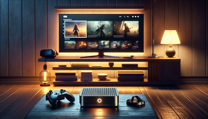 Ilustrasi ruang keluarga modern dengan Steam Machine, layar satelit, dan controller sebagai pusat hiburan gaming.