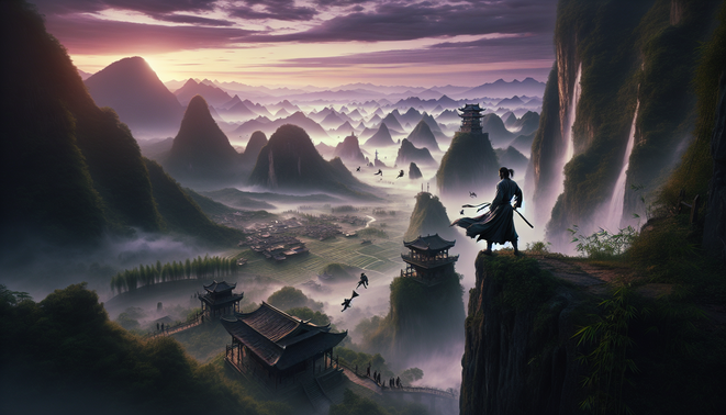 Pendekar wuxia di tepi tebing menghadap dunia open world pegunungan berkabut dan desa tradisional saat senja.