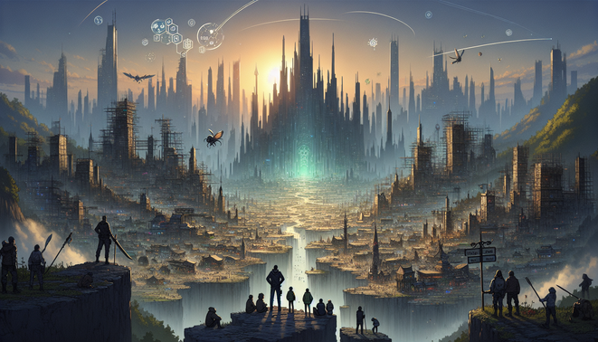 Ilustrasi pemain MMO menatap kota fantasi yang sedang dibangun, melambangkan fase early access Ashes of Creation.