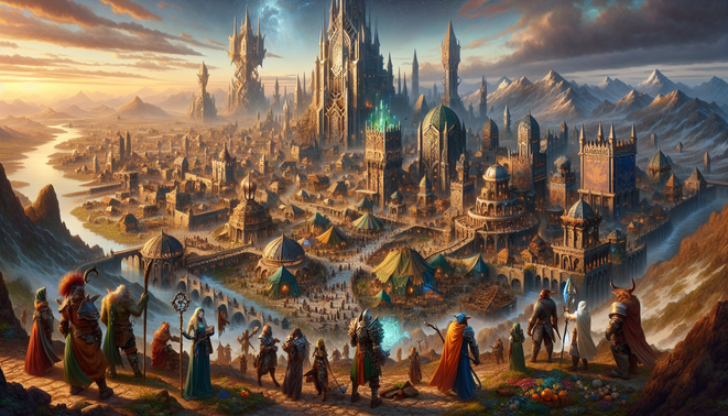 Ilustrasi kota fantasi MMO yang sedang berkembang dengan pemain membangun, berdagang, dan bersiap konflik.