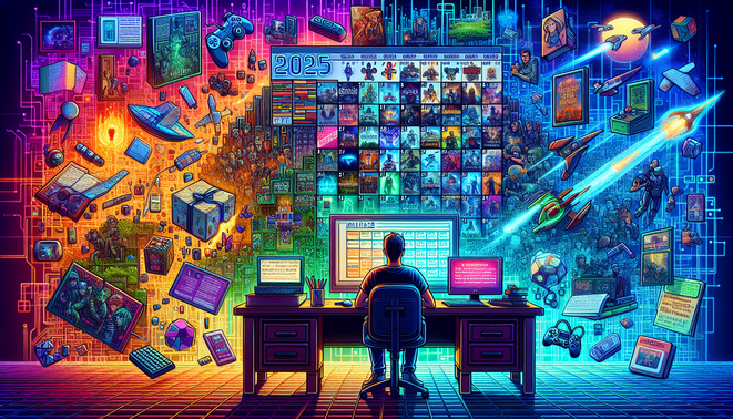 Ilustrasi berita game mingguan tentang rilis baru, perdebatan AI, dan tren game menuju tahun 2025.