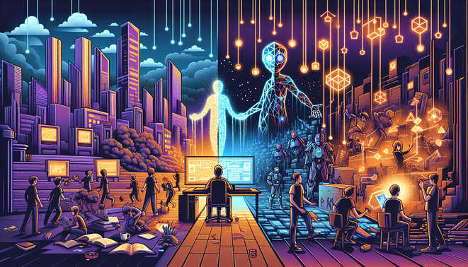 Ilustrasi industri game: MMO runtuh, kreator gunakan AI, dan perusahaan besar mengendalikan komunitas gamer.