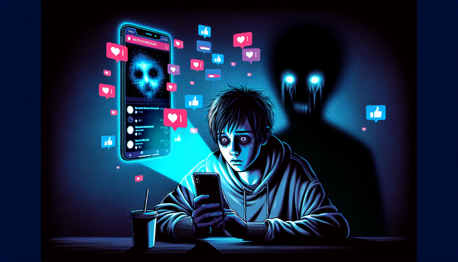 Ilustrasi pemuda diteror sosok digital misterius yang keluar dari tombol unfollow di layar ponsel.