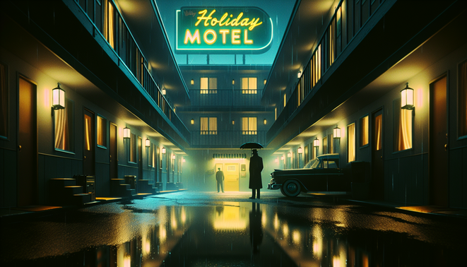Detektif berjas gelap berdiri di parkiran motel saat hujan deras, lampu neon berkedip dan koridor tampak misterius.