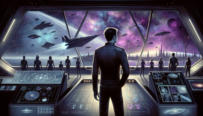Kapten manusia di jembatan kapal luar angkasa menatap galaksi, dikelilingi kru dan armada di kejauhan.