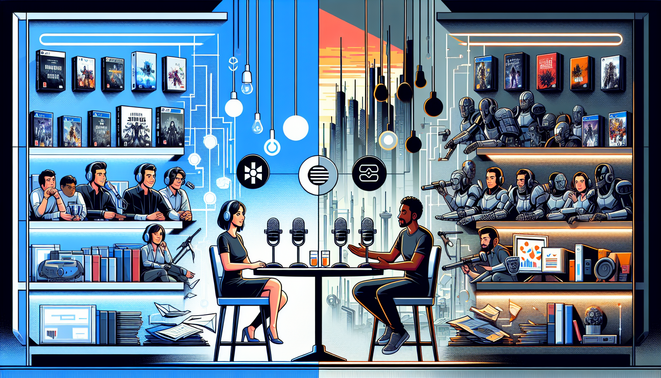 Ilustrasi podcaster membahas kontras kesuksesan dan kegagalan industri gim di studio modern.