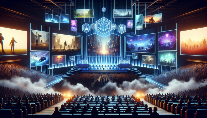 Ilustrasi panggung megah Game Awards 2025 dengan layar raksasa menampilkan berbagai gaya game modern.