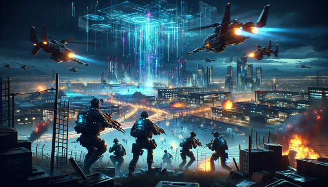 Ilustrasi FPS futuristik: skuad prajurit bertempur di kota neon dengan drone dan efek visual kacau.