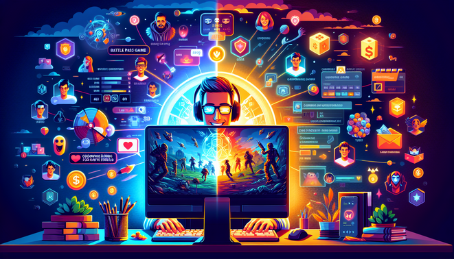 Ilustrasi gamer menikmati live service game sambil dikelilingi ikon monetisasi dan komunitas, menggambarkan hiburan dan risiko finansial.