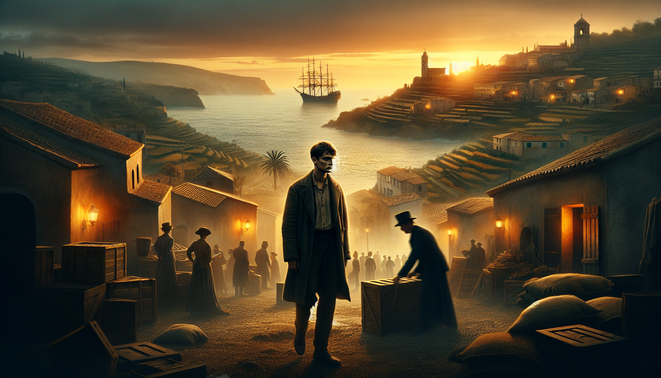 Ilustrasi desa pesisir Eropa awal abad 20 dengan tokoh utama mafia muda di dermaga, menatap kapal emigran.