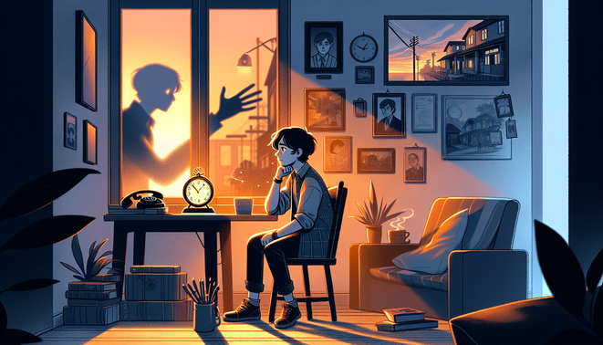 Ilustrasi tokoh muda di kamar menatap jam dinding dan ponsel dengan nama Kak Intan, nuansa time loop hangat.