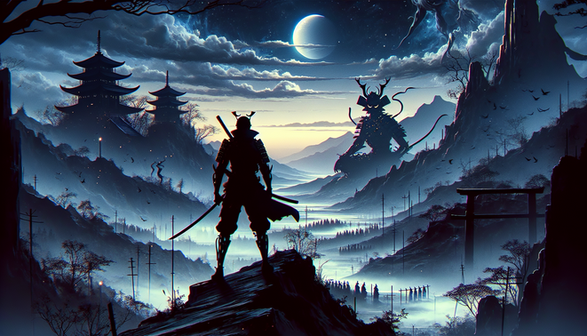 Ilustrasi samurai futuristik di tebing, dua gaya bertarung, menghadap dunia gelap penuh reruntuhan dan kabut.