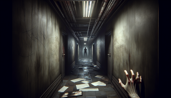 Koridor sempit gelap dengan foto retak dan jam berhenti, siluet monster samar di ujung lorong.