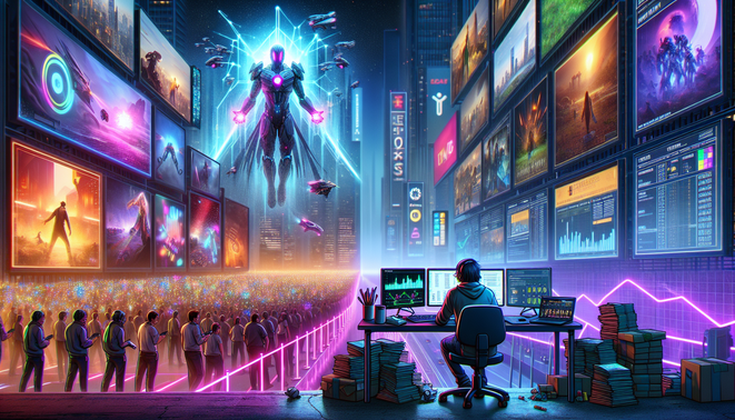 Ilustrasi industri game 2025 terbelah antara hype gemerlap dan krisis kreatif dengan pengembang yang kelelahan.