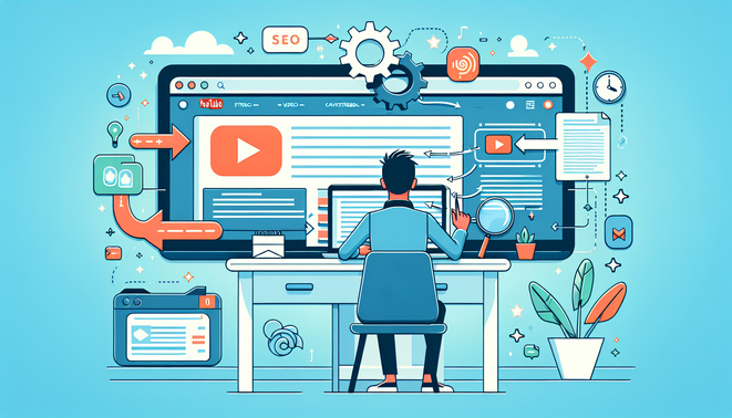 Ilustrasi kreator mengubah video YouTube di layar menjadi panduan blog terstruktur di laptop.