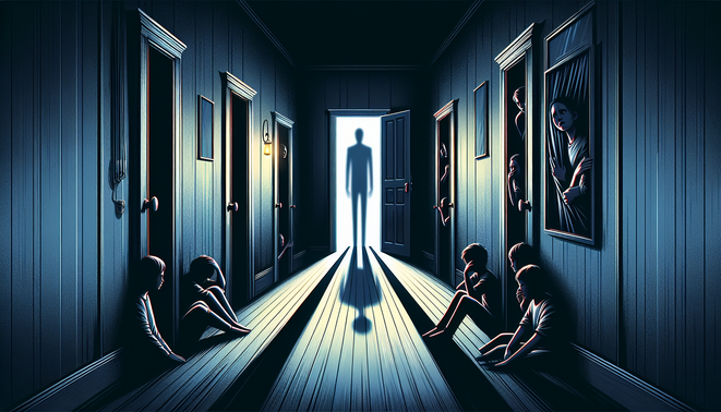 Ilustrasi lorong gelap dengan bayangan Phantom dan orang-orang bersembunyi, menggambarkan horor dan luka sosial.