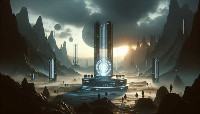 Penyintas dan beberapa klonnya mengelilingi altar teknologi di planet tandus, suasana sunyi dan penuh dilema moral.