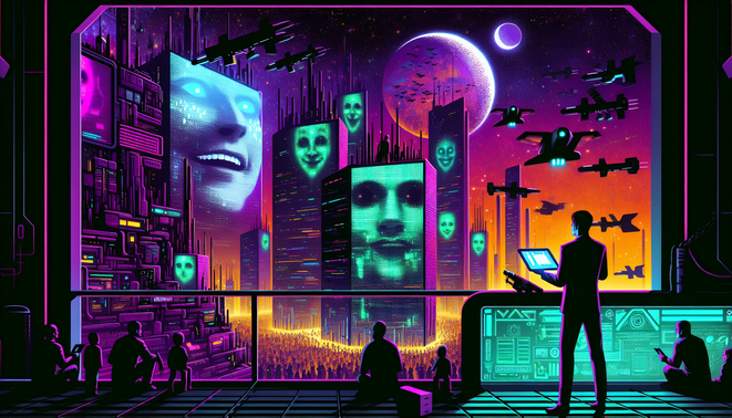 Pahlawan di stasiun luar angkasa memandang kota korporasi suram bernuansa neon, menggambarkan dunia fiksi ilmiah yang gelap.