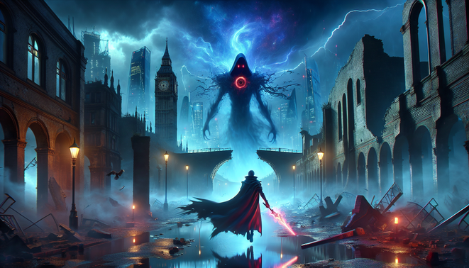 Pahlawan berpedang melompat di antara puing London berkabut, menghadapi colossus kosmis raksasa berlatar neon redup.