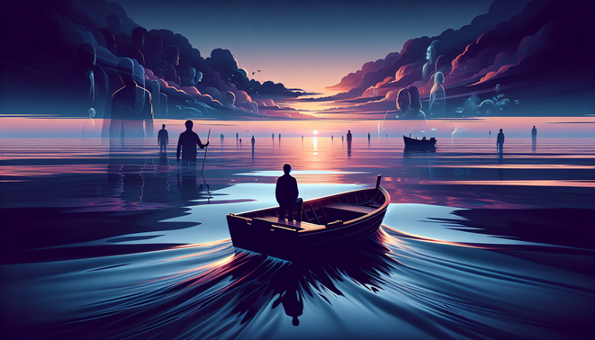 Kapal sendirian di laut senja dengan sosok magis memandang horison penuh misteri.