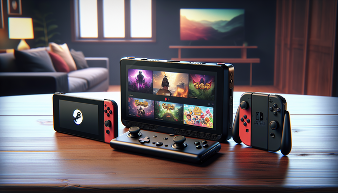 Ilustrasi tiga konsol genggam mirip ROG Ally X, Steam Deck, dan Switch 2 di meja dengan latar ruang keluarga modern.