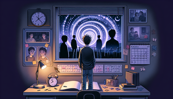 Ilustrasi tokoh muda di kamar dengan jam berputar dan langit berbintang melambangkan loop waktu dan refleksi batin.