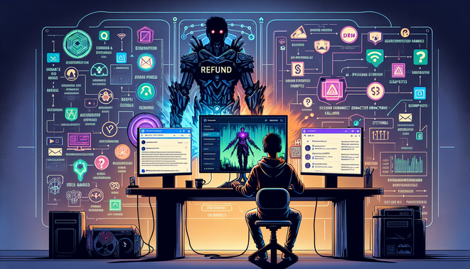 Gamer Indonesia di depan monitor menampilkan kontroversi game, konsol baru, dan AI game generator dalam suasana reflektif modern.