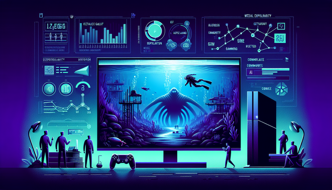 Ilustrasi berita game mingguan tentang drama game laut, teknologi grafis AI, dan diskusi komunitas gamer.