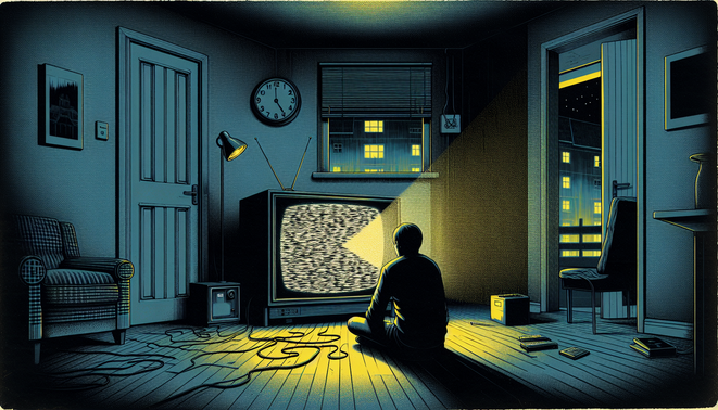 Tokoh lelah menatap TV tua bergambar statis di ruang tamu remang dengan jam menunjukkan 23:59.