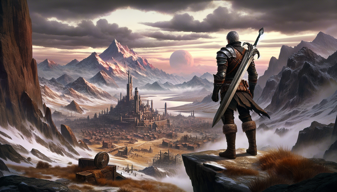 Ilustrasi petualang berarmor menatap dunia fantasi Pywel luas dengan kota berbenteng dan langit senja dramatis.