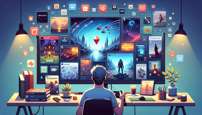 Ilustrasi gamer memilih berbagai game baru Maret 2026 dari beragam genre di layar dan etalase digital.