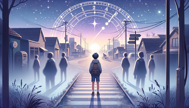 Ilustrasi karakter di persimpangan kota kecil dengan bayangan berulang, bintang kejora, dan simbol lingkaran time loop menjelang fajar.