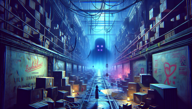 Ilustrasi lorong pabrik mainan gelap dengan mainan rusak, simbol misterius, dan sosok boneka menyeramkan di kejauhan.