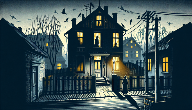Ilustrasi kompleks perumahan sunyi malam hari dengan rumah baru, siluet dua perempuan, dan gagak bertengger di pagar.