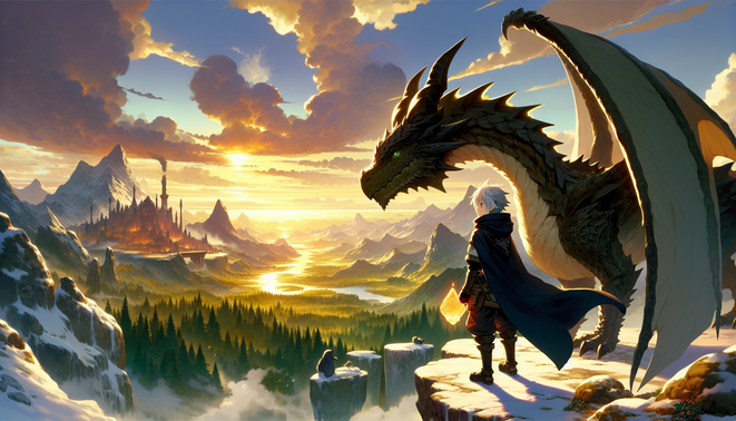 Ilustrasi Rider dan Monstie berdiri di tebing, memandang dunia luas penuh monster dan petualangan.