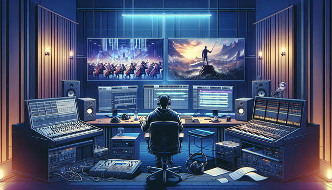 Komposer di studio modern mengerjakan musik game AAA dengan layar game, DAW, dan orkestra di belakangnya.