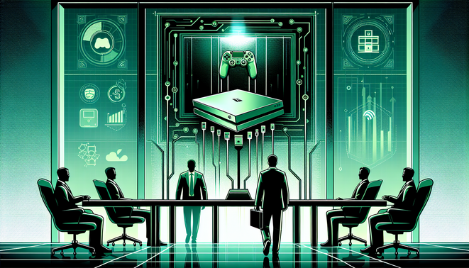 Ilustrasi pimpinan baru Xbox, konsol di meja, dan ikon cloud menggambarkan pergeseran fokus ke layanan.