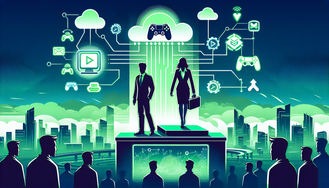 Ilustrasi pergantian pemimpin divisi gaming, dari fokus konsol ke layanan cloud dan lintas platform.